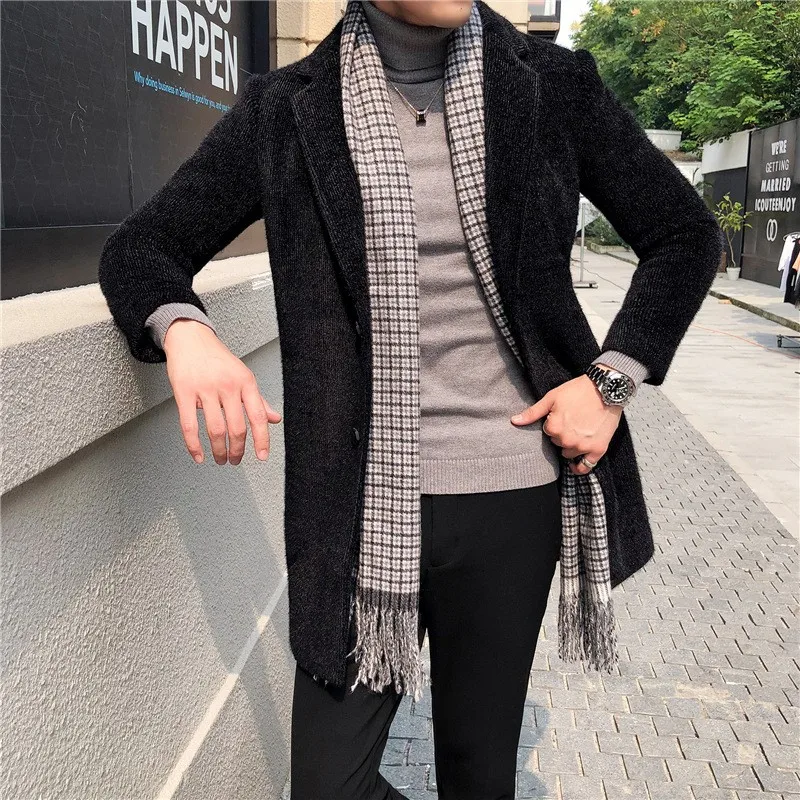 

Top Quality Korean Slim Fit Wool Blends Mens Thick Coats Medium Length Single Breasted Lapel Warm Casaco Masculino Plus Size 4XL