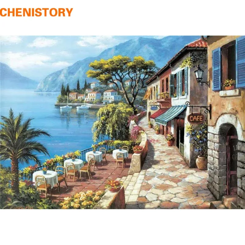 

CHENISTORY Seaside Coffee Shop Landscape DIY Painting By Numbers Modern Wall Art Home Decor HandPainted Oil Painting Unique Gift
