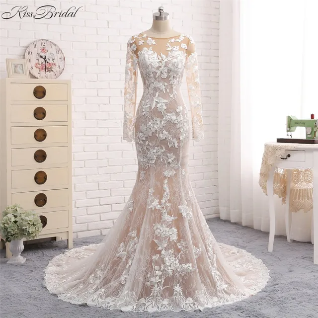 New Mermaid Long Wedding Dress 2018 O Neck Sleeves Court New Mermaid Long Wedding Dress 2018 O Neck Sleeves Court Train Liques Tulle