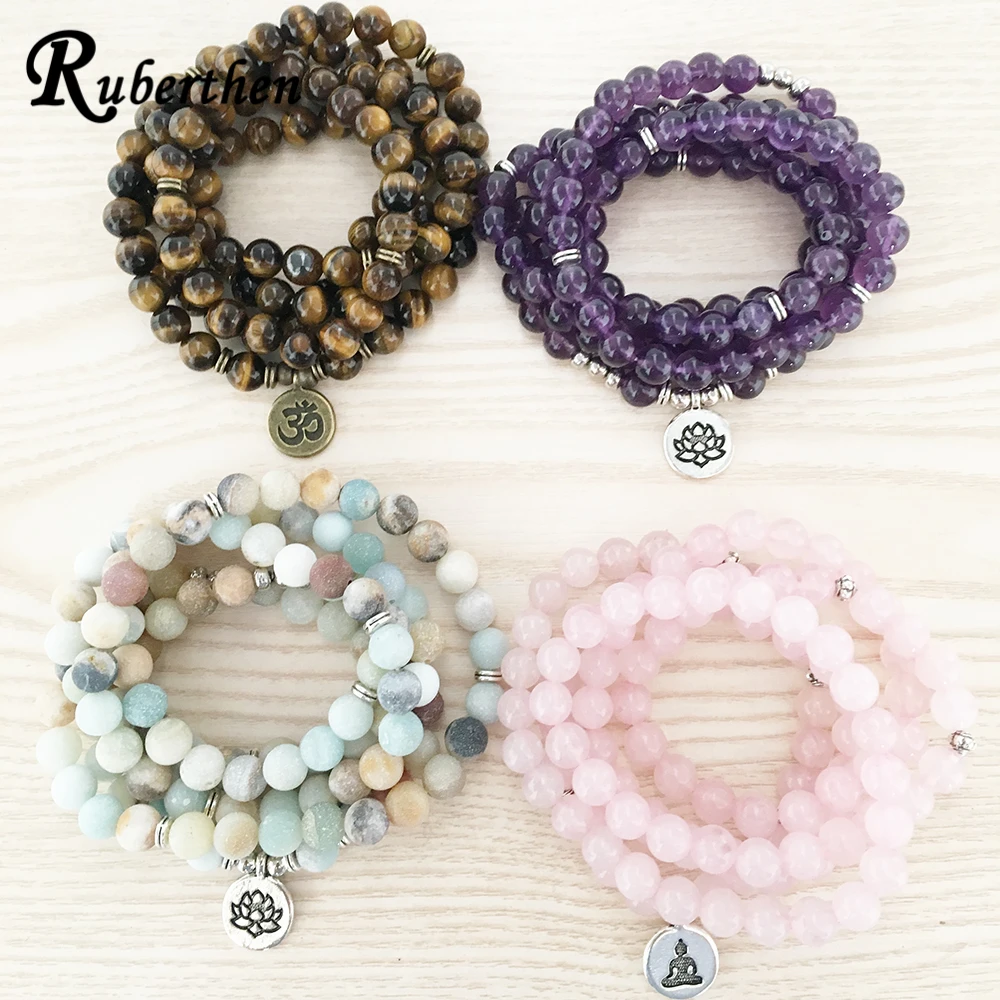 Ruberthen High Quantity Natural Stone font b Bracelet b font 108 Mala Yoga Necklace Matte Amazonite