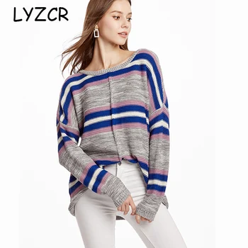 

Long Sleeve Striped Women Knitted Pullover Sweaters 2019 Vintage Splice Autumn Ladies Pullover Jumper Oversized Sweater Fe