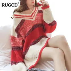 RUGOD 2018 Новая мода женский полосатый свитер с v-образным вырезом с длинным рукавом Повседневное трикотажные негабаритных пуловеры для Для