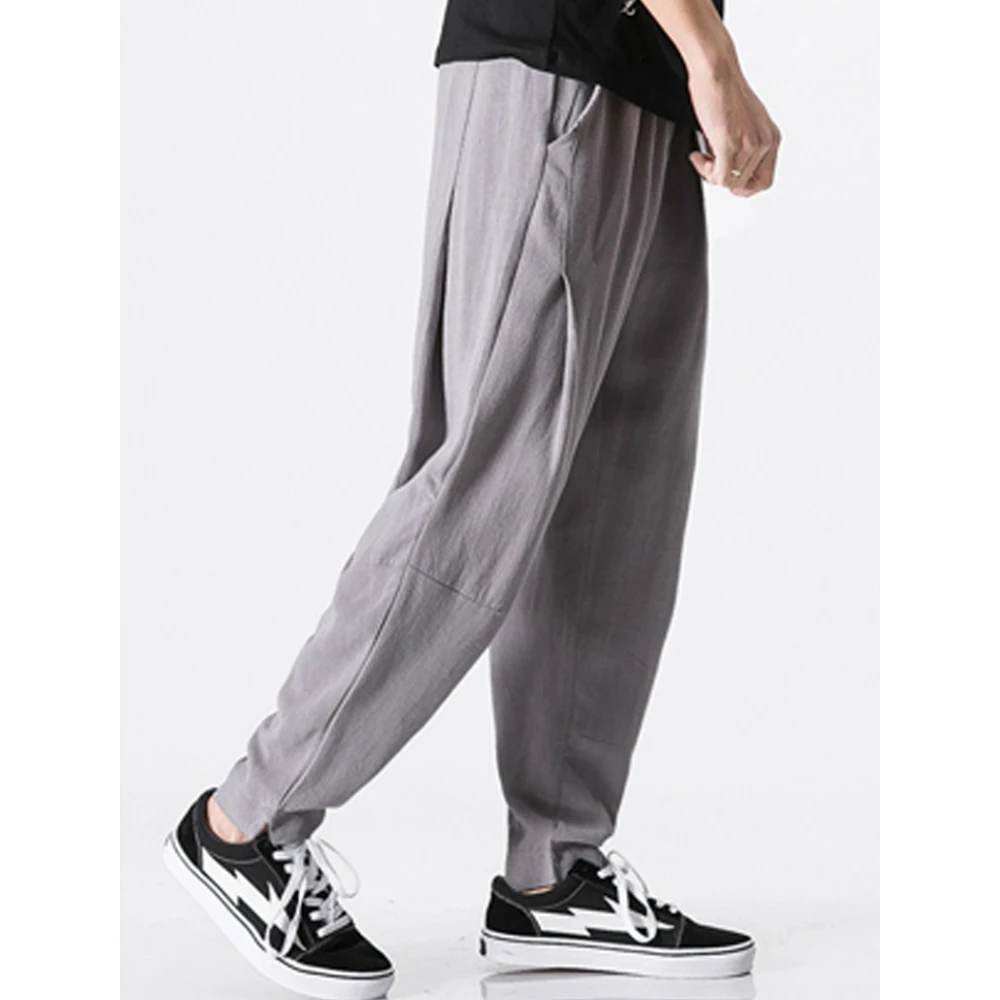 New Summer Cotton Linen Harem Pants Men Belt Jogger Pants Male Trousers Chinese Traditional Cloths Plus Size 5XL Calsa Masculina
