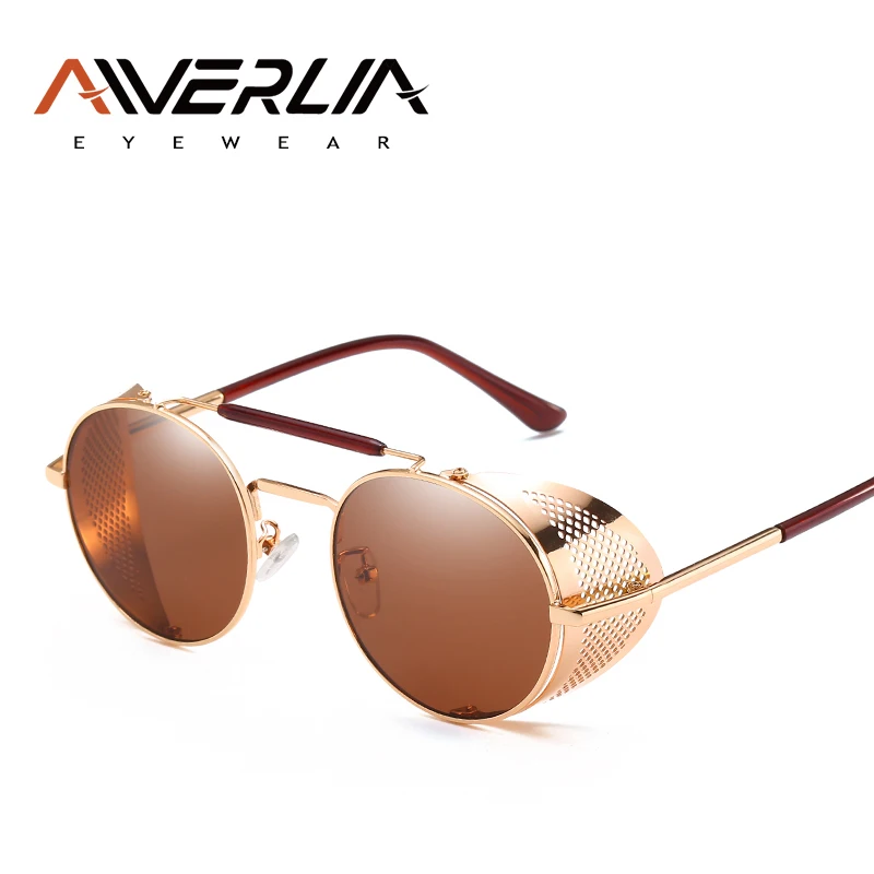C4Brown-Gold AIVERLIA стимпанк Солнцезащитные очки панк металлические щиты солнцезащитные очки для мужчин и женщин брендовые дизайнерские круглые очки UV400 Gafas de Sol AI57 - Цвет линз: C4Brown-Gold