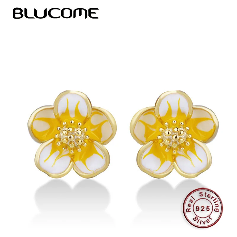 Blucome Настоящее серебро 925 милые маленькие серьги-гвоздики с цветком желтая эмаль
