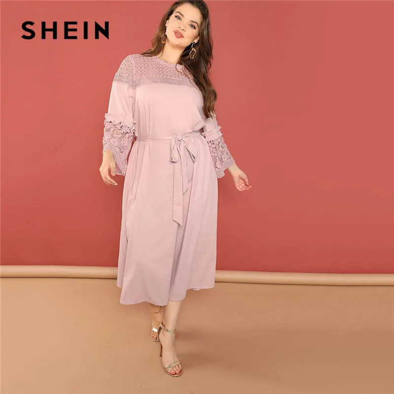 SHEIN Plus Size Pink Guipure Lace Trim Ruffle Sleeve Tied Waist Dresses ...