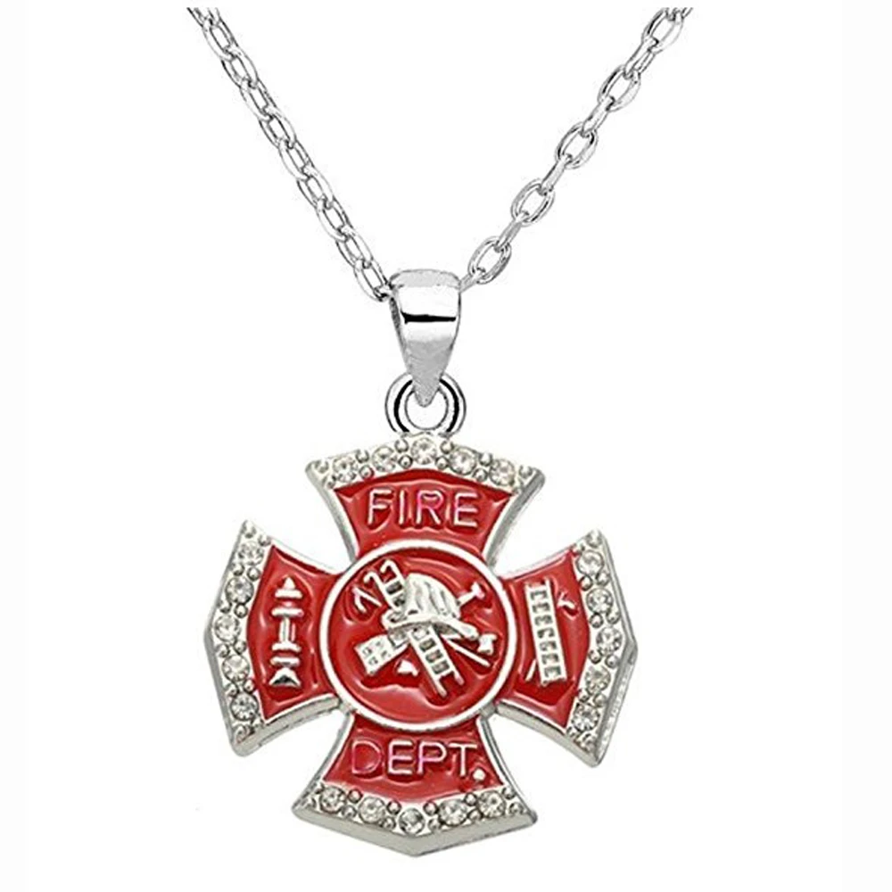 Firefighter Red Enamel Cross Pendant Fire Dept Necklace Personalized