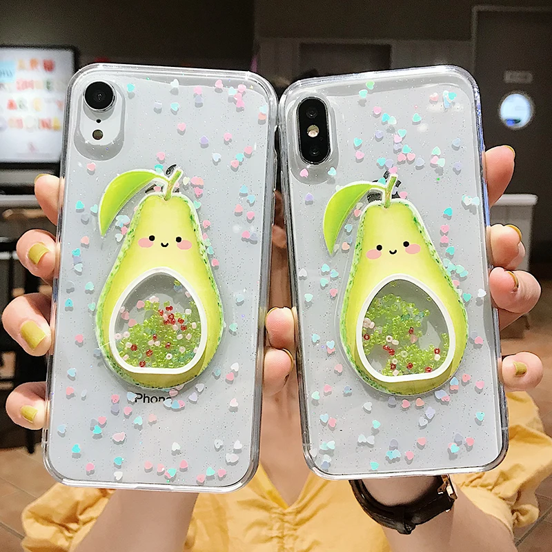 

Cute Avocado pattern Glitter Case For iPhone 6 6S Plus XR XS Max Transparent Soft Epoxy Back Cover For iPhone X 6 6S 7 8 Plus