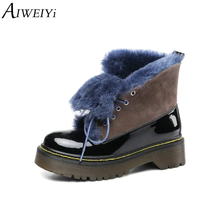 

AIWEIYi Martin Boots for Women Fur Shearling Ankle Boots Lace Up Platform Shoes Genuine Leather Short Botas Mujer