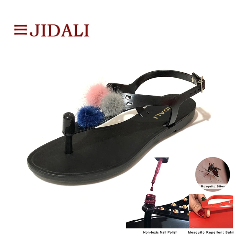 

JIDALI Fashion Shoes Woman Mink Fur Balls Flip Flop Non-toxic Nail Polish Or Mosquito Repellent Balm PVC Summer Triangle Sandals
