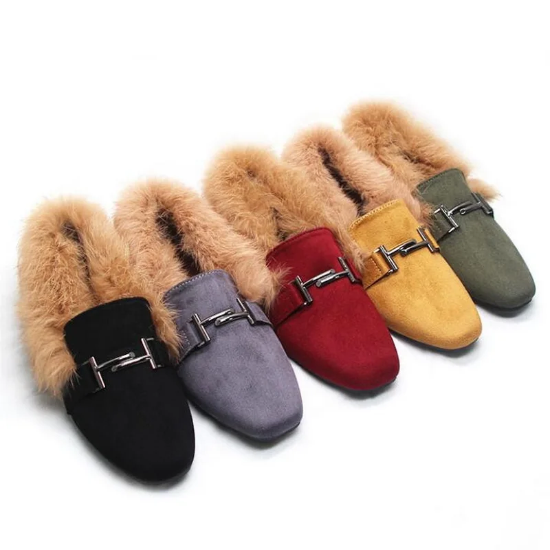 

Autumn Winter Women Flat shoes rabbit fur single shoes woman fashion shoes Square Toe Slip on casual Flock Warm shoes