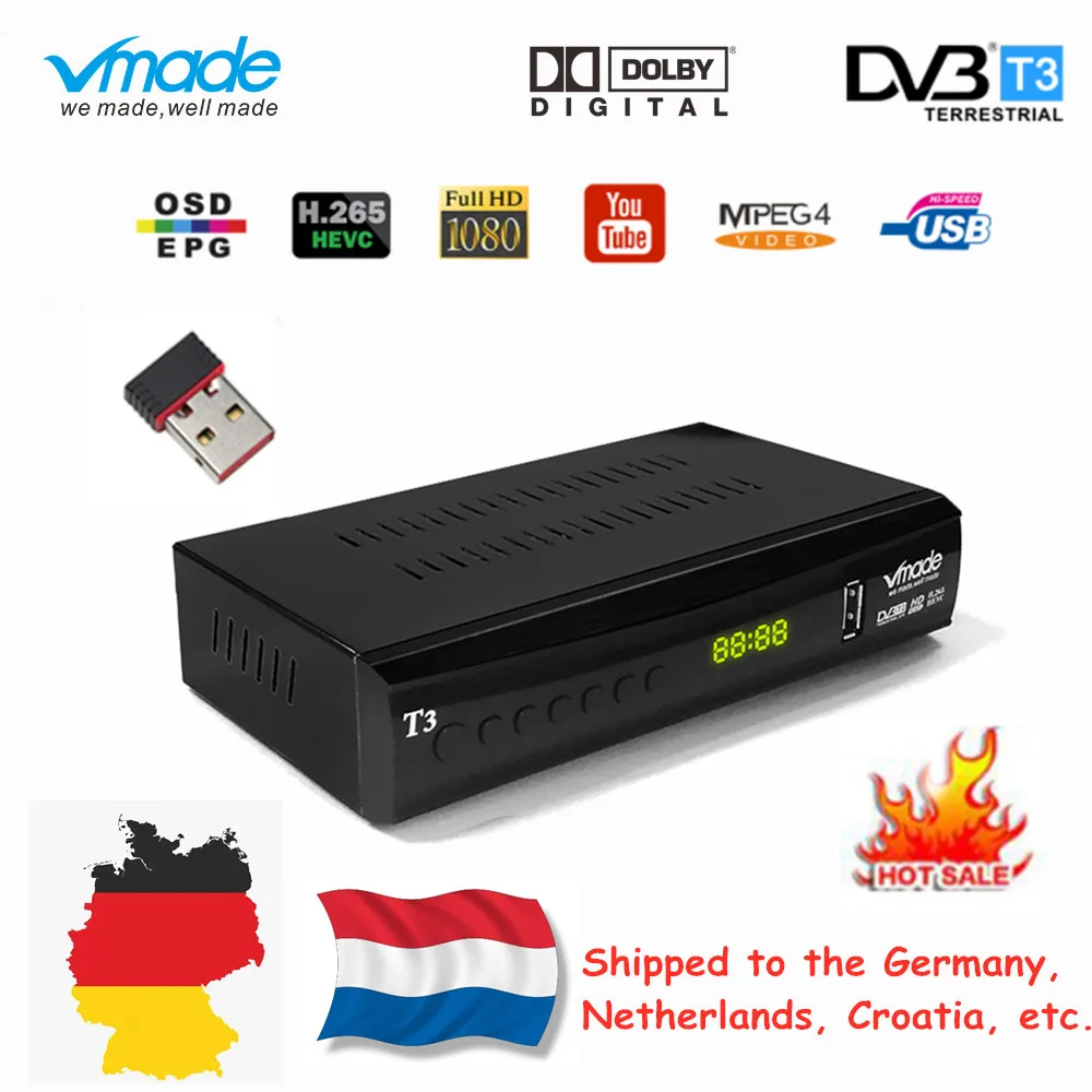 

Vmade Fully HD Digital DVB T3 Terrestrial TV Box for Netherlands Support YouTube AC3 H.265 HD 1080p DVB T3 TV Receiver+USB WIFI