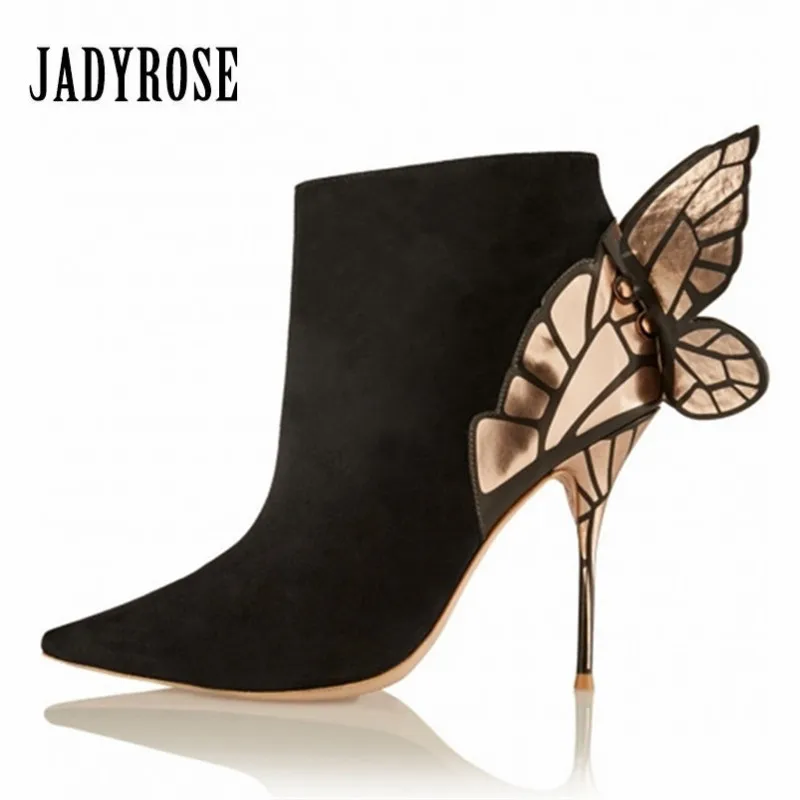Jady Rose Butterfly Wing Design Women Ankle Boots Autumn Winter Pointed Toe High Heel Boots Suede Botas Mujer Valentine Shoes цена Jady Rose Butterfly Wing Design Women Ankle Boots Autumn Winter Pointed Toe High Heel Boots Suede Botas Mujer Valentine Shoes цены онлайн