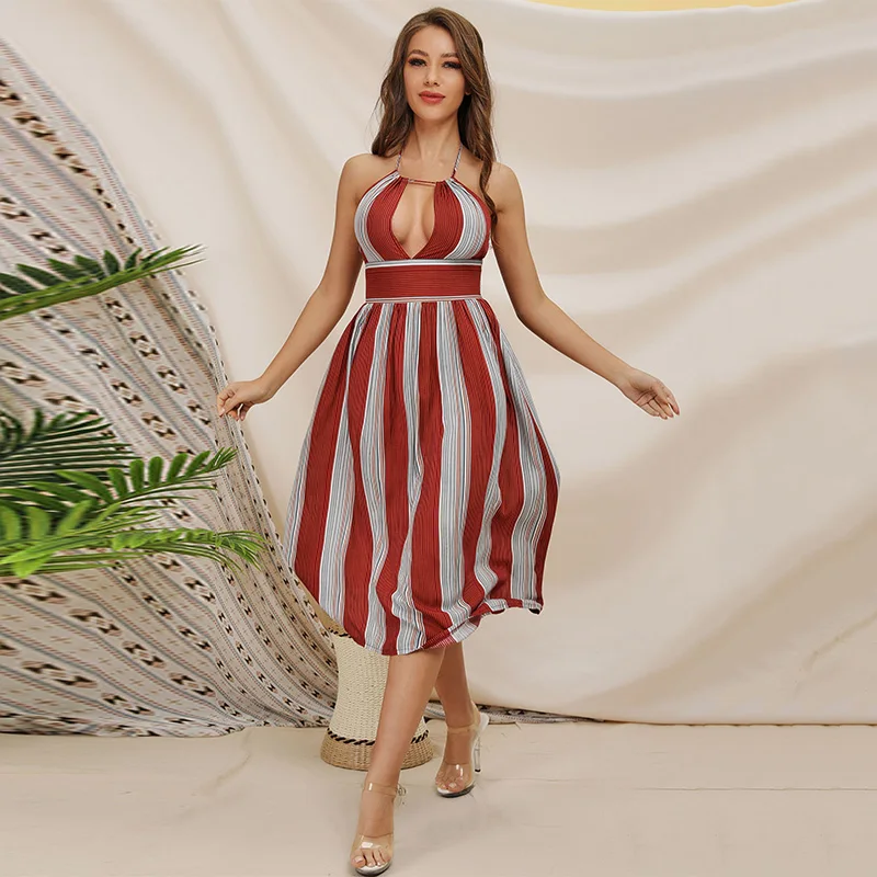 

new summer sexy club dress 2019 knee length striped halter dress women vestidos dresses woman party night sleeveless HCY032