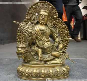 

11"Tibet Buddhism Fane pure Brass Vaishravana ride Lion Buddha Statue