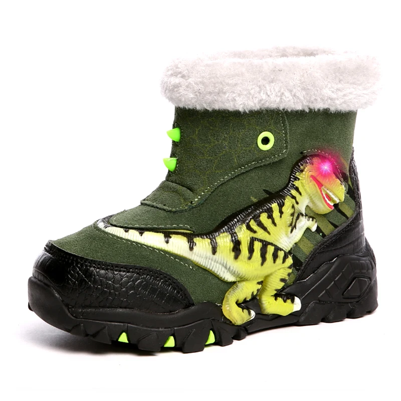 Dinoskulls/зимние ботинки для мальчиков; флисовая детская обувь; светильник; светодиодный 3D Динозавр; спортивные детские ботинки; кожа; теплые кроссовки - Цвет: Армейский зеленый