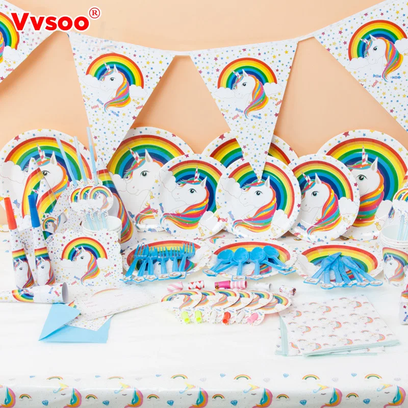 

Vvsoo Unicorn Theme Party Supplies.Wrapper topper,gife bag,Banner/Flag,Paper plates/Candy Popcorn box/blowout whistle Wedding