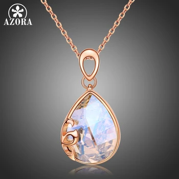 

AZORA Unique Women Long Chain Pendant Necklaces Moonlight White Austrian Crystals Stone Wedding Jewelry for Female Girls TN0248