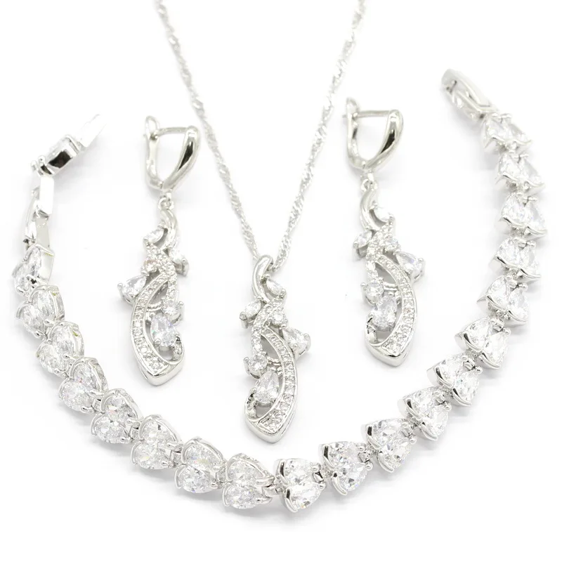 

White Cubic Zirconia 925 Silver Jewelry Sets For Women Earrings Pendant Necklace Bracelet Free Gift Box