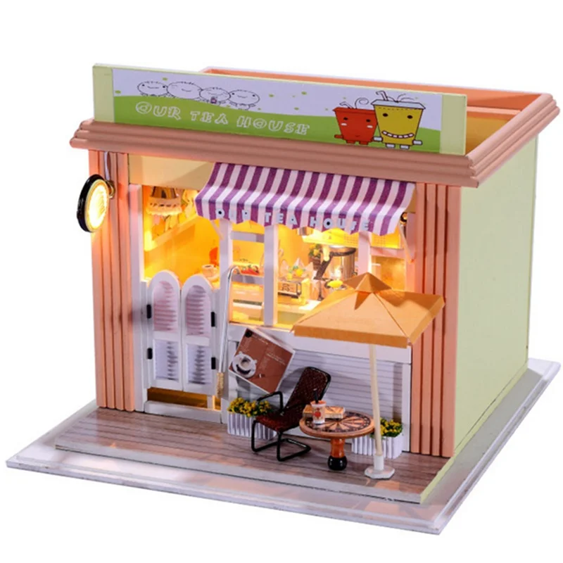 Brand New Hoomeda DIY Wood Dollhouse Cute Miniature With LED Furniture Cover Tea House Assembled Model