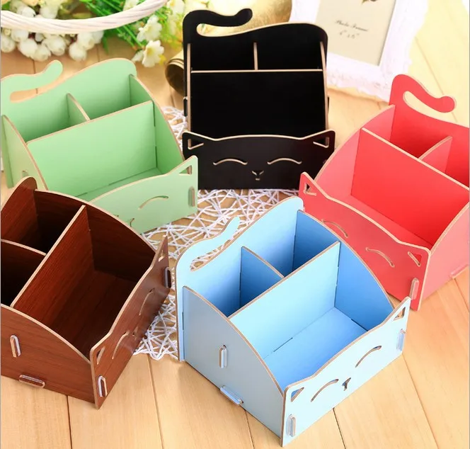Wood DIY Assemble Cute Cat Pen Pencil / Cosmetic Holder Desk Organizer for Home Office 9 Colors Choose