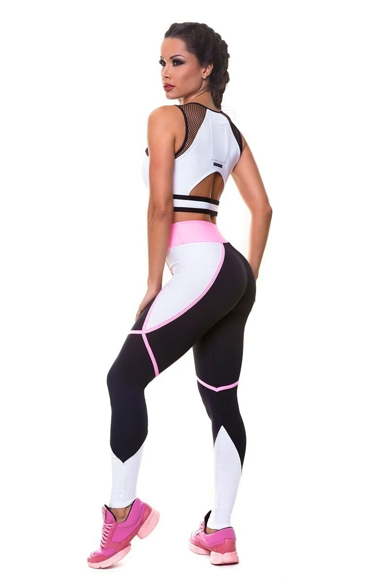 

OVESPORT Sexy Patchwork 2 Pieces Set For Women O-neck Letter Hollow Out Crop Top And High Waist Leggings Fitness Suits Workout