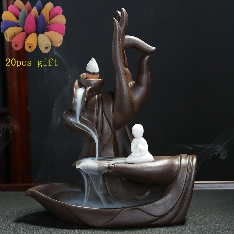 

Backflow Incense Burner Ceramic The Monk Buddha Hand Holder + 20Pcs Incense Cones Censer Smoke Backflow Incense Dropshipping