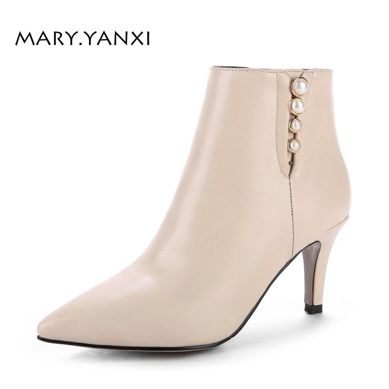 

Spring/Autumn/Winter Women Shoes Ankle Martin Chelsea Boots Pointed Toe Thin High Heel Big Size Fashion Solid Zipper Pearl Plush