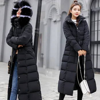 

M-3XL Autumn Winter Women Casual Cotton Down Jacket Hoodie Long Parkas Fur Collar Clothes Warm Female Winter Coat 017-902MC1