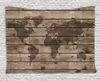 

Rustic World Map Decor Tapestry by Ambesonne World Atlas Reflection on Horizontal Lined Up Oak Region Space Theme