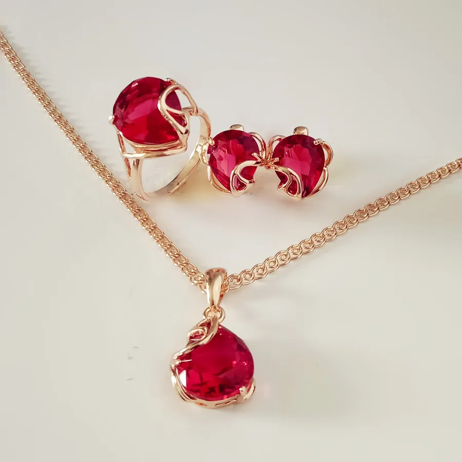 Роскошный свадебный ювелирный набор из 585 золотого цвета, модное свадебное ожерелье с красным кубическим цирконием в форме сердца+ серьги+ кольцо, ювелирные наборы