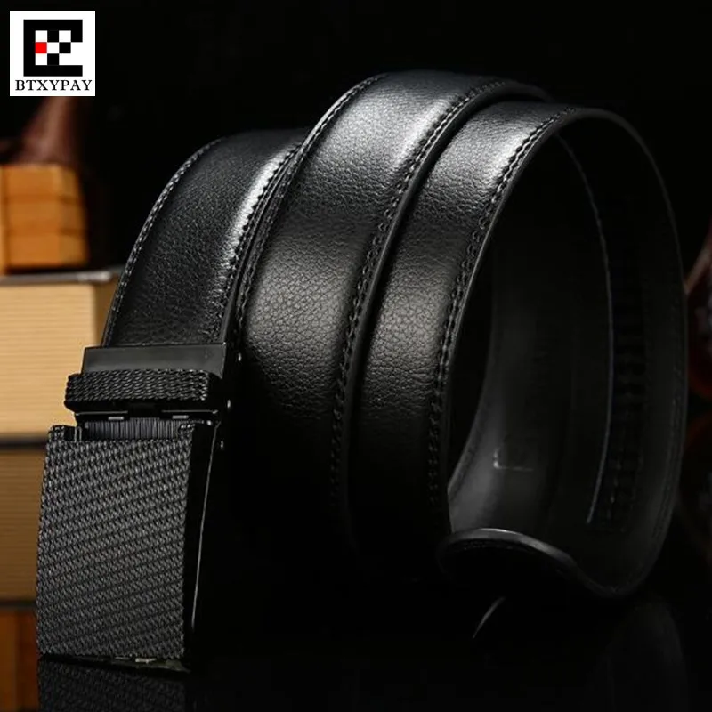 Black 3.5cm Width Men Genuine Leather Straps Waistband,Real Full Two-layer Cowhide Belts,Automatic Buckle Belt,with Belt Buckle