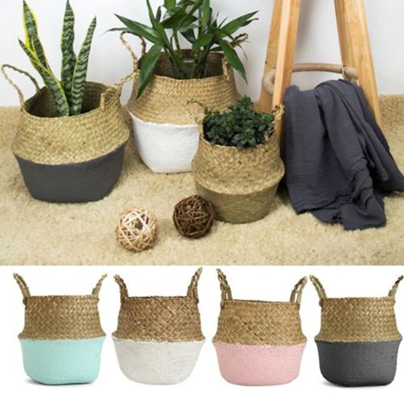 

Handmade Storage Baskets Foldable Laundry Straw Patchwork Wicker Rattan Seagrass Belly Garden Flower Pot Planter Bamboo Basket