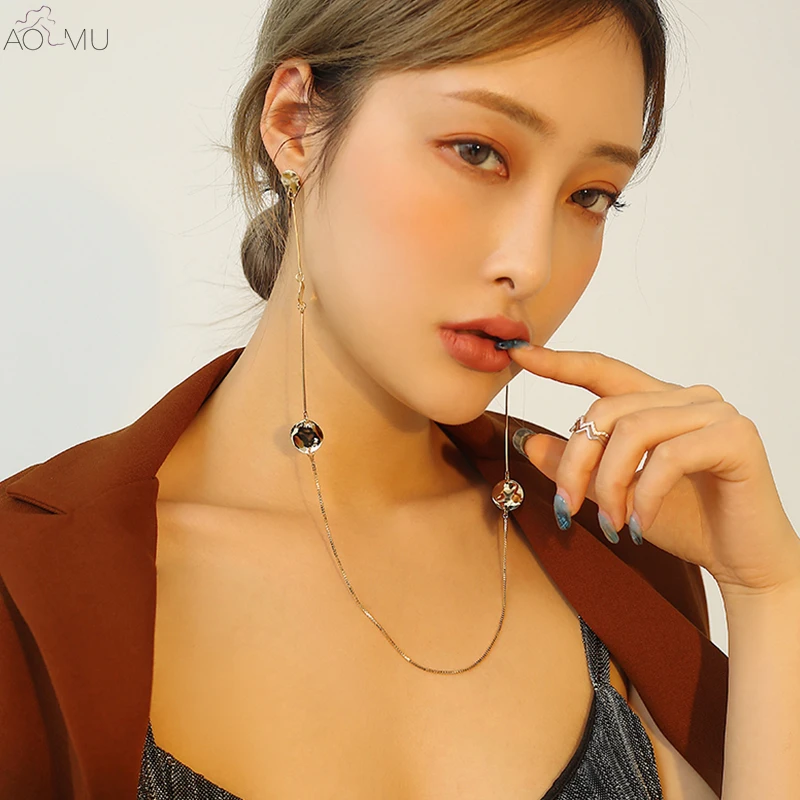 

AOMU 2019 New Gold Metal Geometric Pearl Crystal Rhinestone Long Tassel Link Ear Chain Necklace for Women Girl Party Jewelry