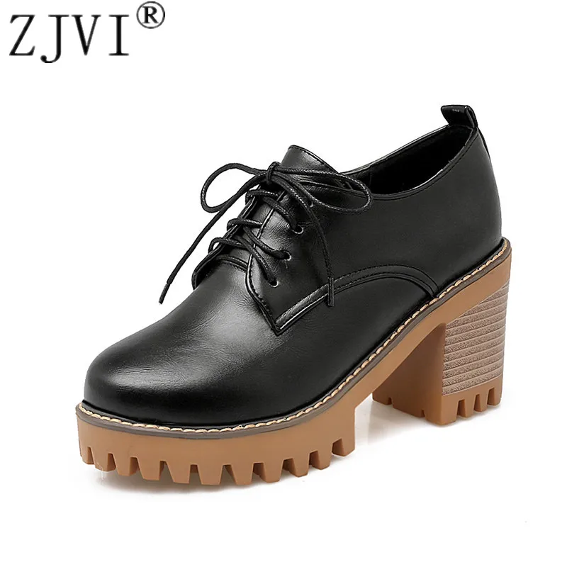 

ZJVI 2019 fashion spring autumn woman warterproof pumps for women square high heels winter ladies black casual platform shoes