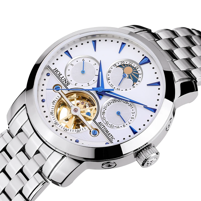 Luxury  HOLUNS watch men Moon Phase sapphire waterproof  date silver stainless steel Automatic machine watch relogio masculine