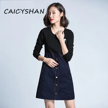 

New Spring Autumn Women Dresses Vestidos Casual Plus size Long Sleeve Patchwork Jeans Dress For Women Large Denim One-piece 5XL