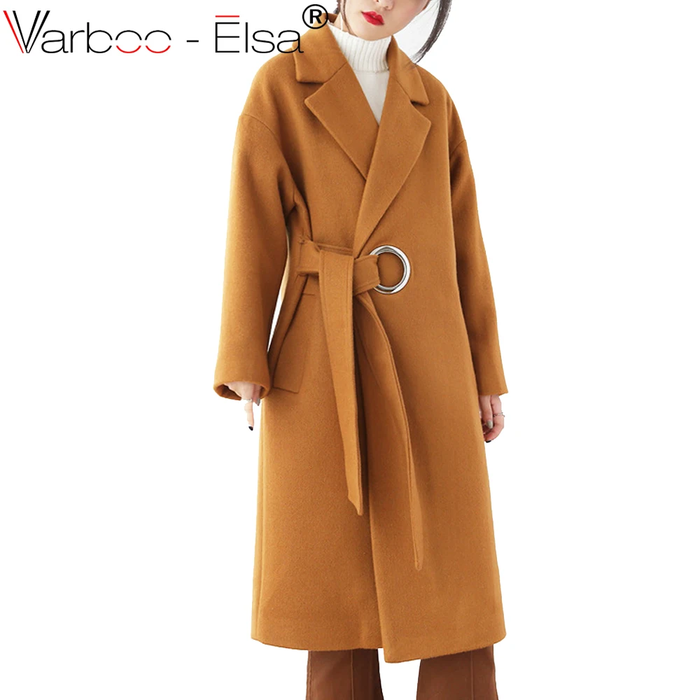 Varboo_elsa Новинка 2017 года Зима Для женщин шерстяные пальто пояса отложным воротником Длинные шерстяные пальто сплошной цвет Длинные рукава