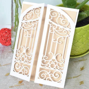 

New products Hand made cheap laser cut folded gate gold pearl wedding invitations card