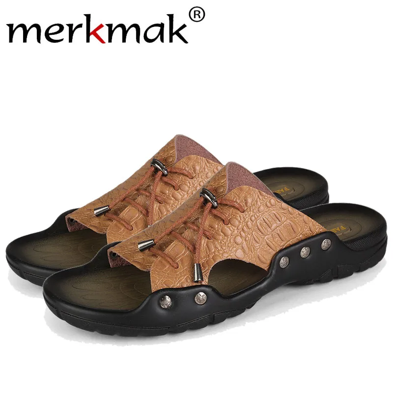 

Merkmak Men Beach Sandals Shoes Comforatble Crocodile Leather Flip Flop Casual Outdoor Men Slipper Sandal Big Size37-46 Dropship