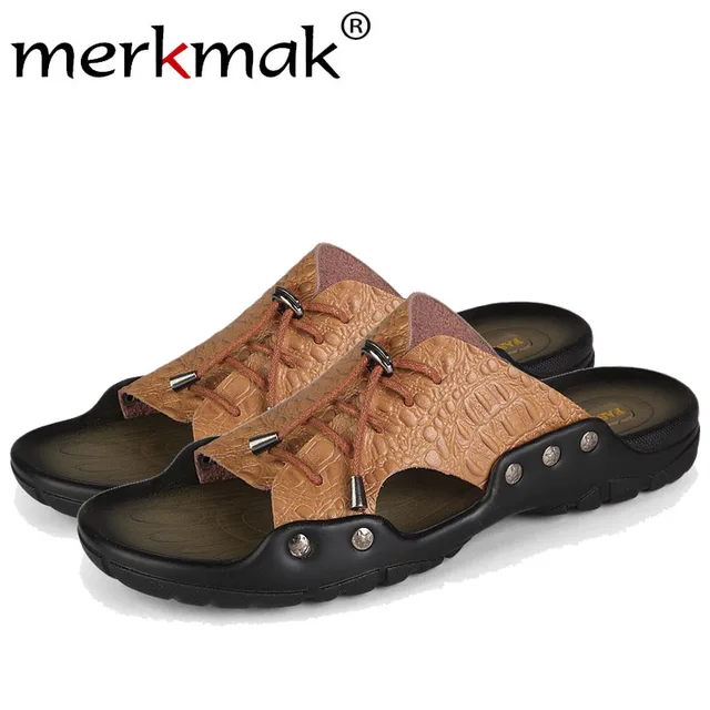 merkmak men beach sandals shoes comforatble crocodile leather flip