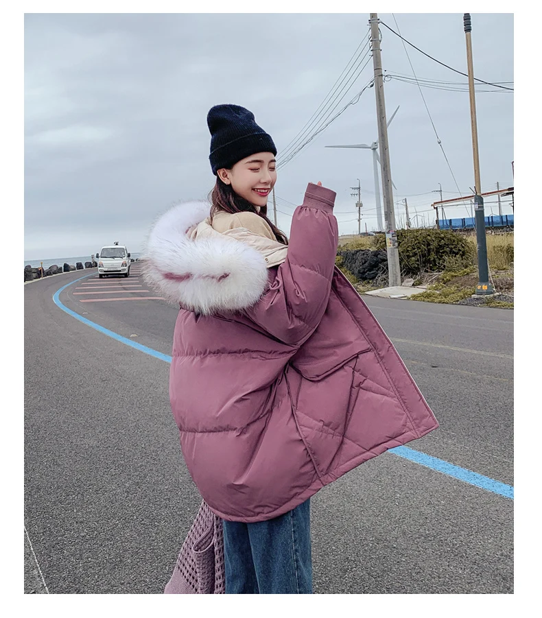 Candy colors winter coat women fashion large fur collar hooded thick warm jacket women Medium long parka outwear plus size