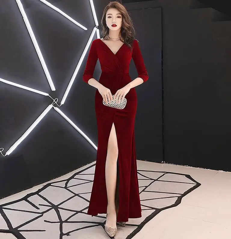 Зеленые бархатные вечерние платья с длинными рукавами robe de soiree longue платье для выпускного вечера abendkleider robe de soiree LYFY105 - Цвет: wine red