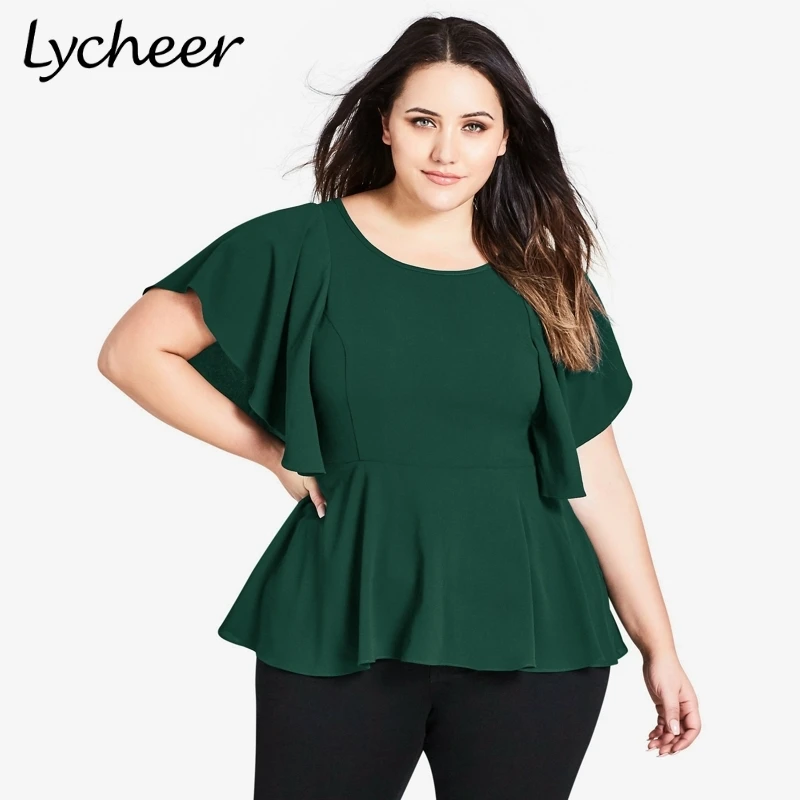 

Lycheer Plus Size Womens Tops Blouses Shirt Elegant Ruffled Top Shirt Female Short Sleeve Solid High Waist Peplum Blouse 2019