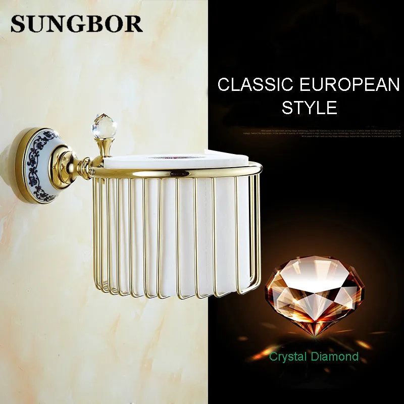 

European Gold-Plated Copper Paper Basket Toilet Paper Basket The Tissue Boxes Porcelain Bathroom Hand Carton Paper Accessories