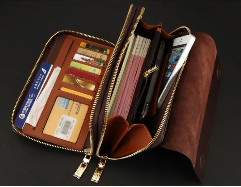 Hot Sale! Luxury Shining Oil Wax Cowhide leather Men Clutch Bag Long Leather men wallet Double Layer Business Clutch Bag 4