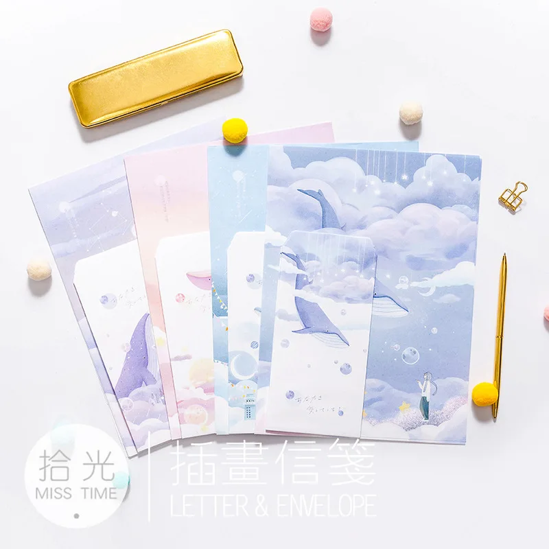 

3 envelopes+6 letters/ set Dream cosmological whale Paper Envelope Sets Message Card Letter Stationary Storage Paper Fresh Gifts