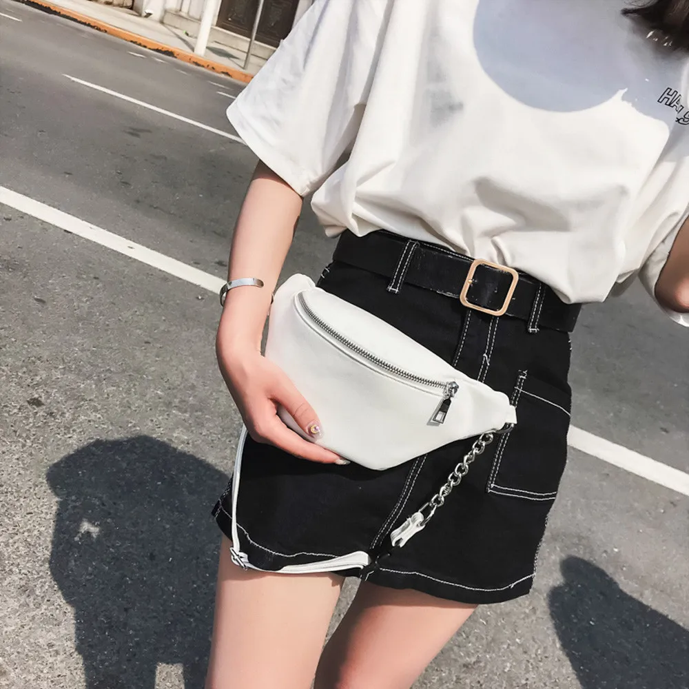 Womens Waist Bag Fanny Pack PU Bag Belt Purse Small Purse Phone Key Pouch White Black Waist Packs