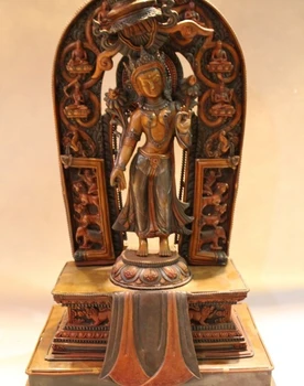 

17"Tibet Buddhism Temple Purple Bronze Stand lotus flower Hand Kwan-Yin Buddha