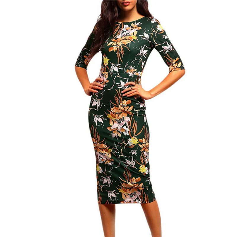 

FESTY Fashion Womens Spring Summer Dresses Half Sleeve O Neck Bodycon Slim Office Lady Dress Sexy Floral Print Party Work Dress